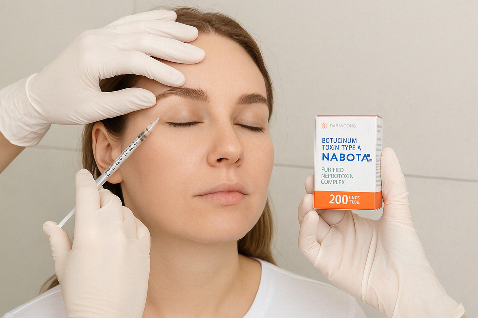 A woman receiving a Botox injection near her eye, with a medical professional holding a NABOTA Botulinum Toxin Type A box in the background.