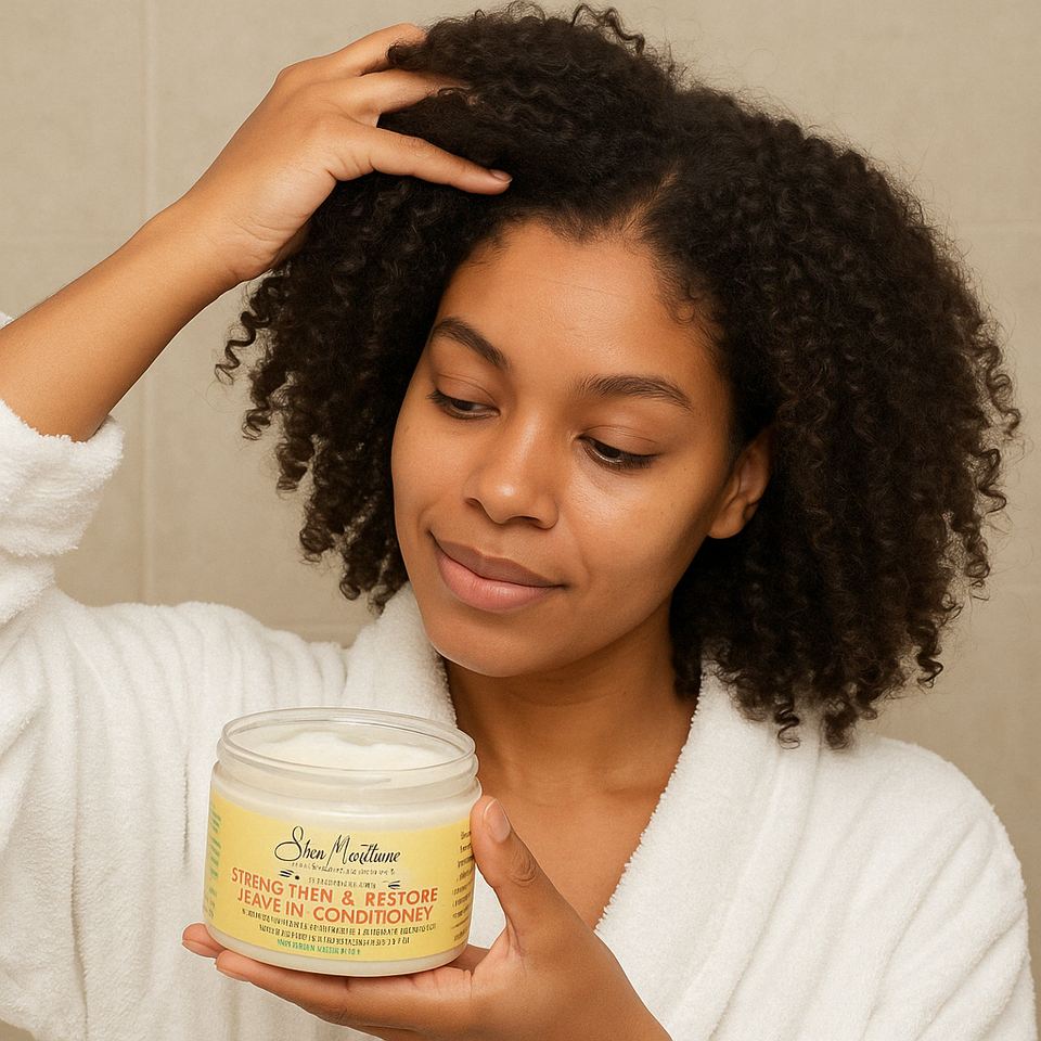 A young woman applying SheaMoisture Jamaican Black Castor Oil Strengthen & Restore Leave-In Conditioner to her natural curly hair in a bathroom setting.