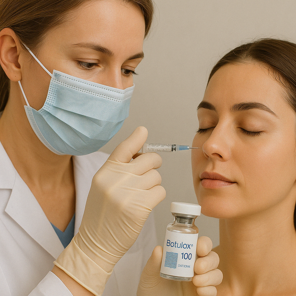 A female medical professional wearing a surgical mask and gloves is administering a Botulax 100 Botulinum Toxin Type A injection with a short, thin needle to a calm female patient with closed eyes, against a soft, neutral background.