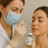 A female medical professional wearing a surgical mask and gloves is administering a Botulax 100 Botulinum Toxin Type A injection with a short, thin needle to a calm female patient with closed eyes, against a soft, neutral background.