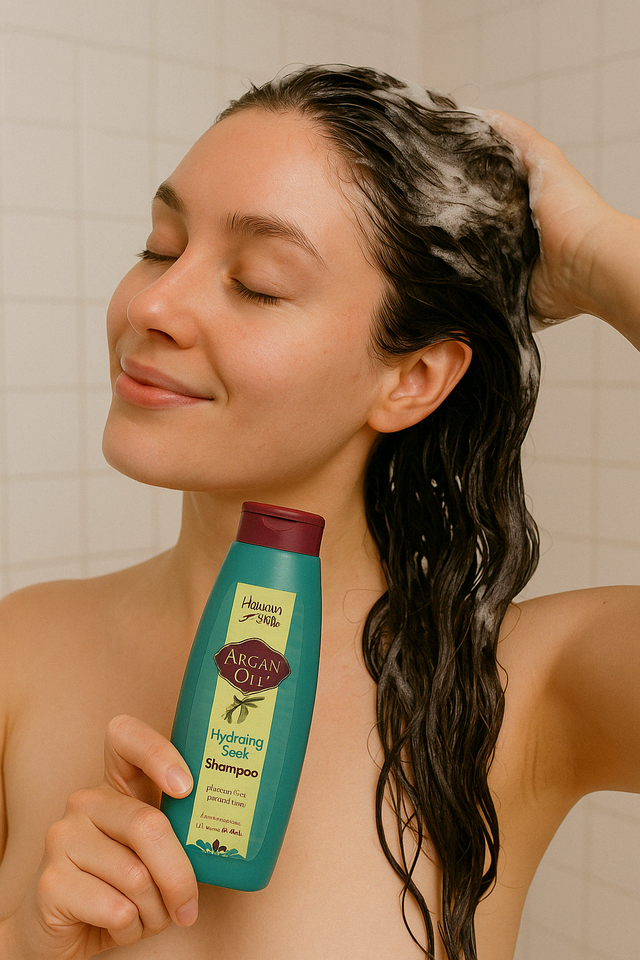 A young woman washing her hair with Hawaiian Silky Argan Oil Hydrating Sleek Shampoo, holding the bottle while lathering her wet hair in the shower.