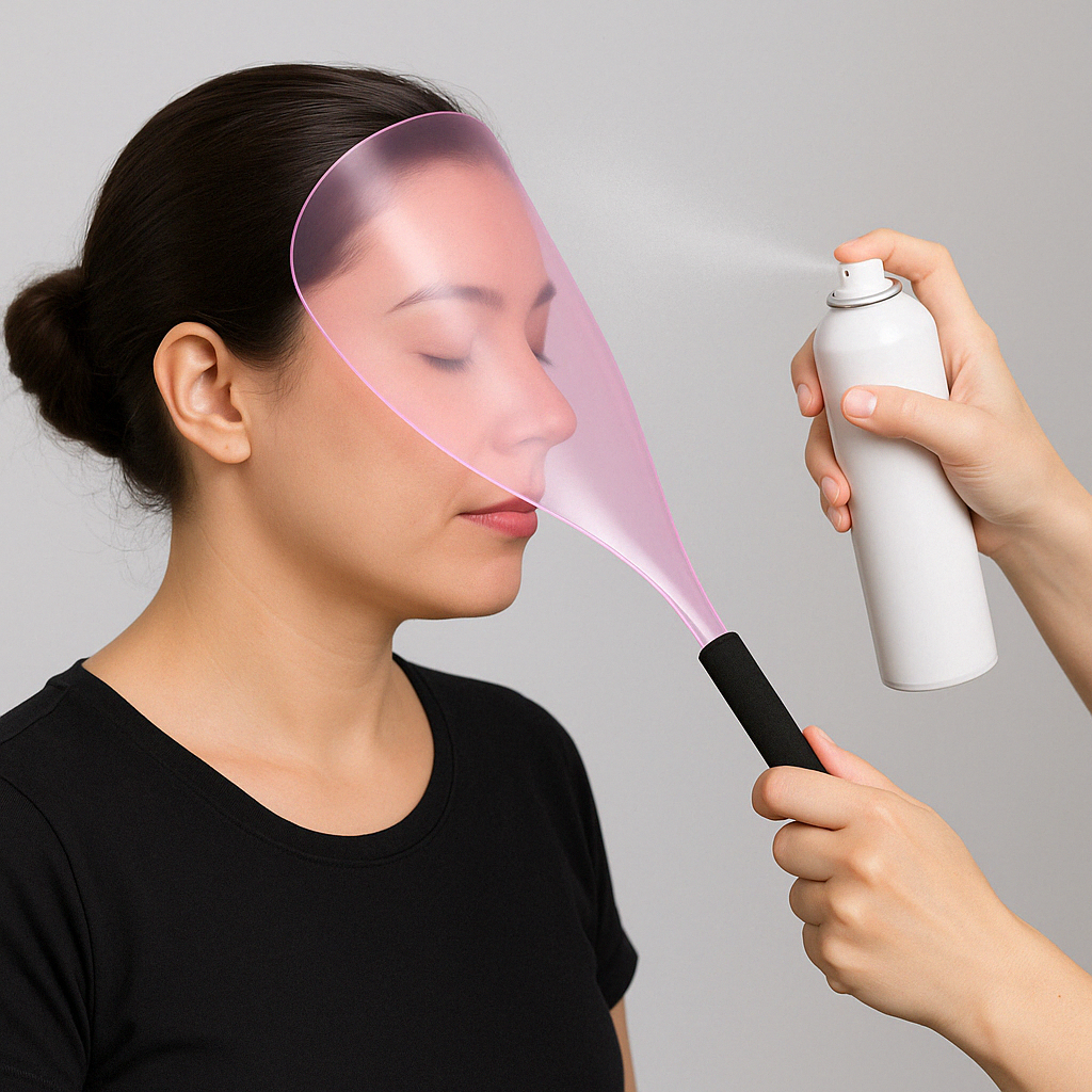 Woman using a pink face shield while a hairstylist applies hairspray to her hair.