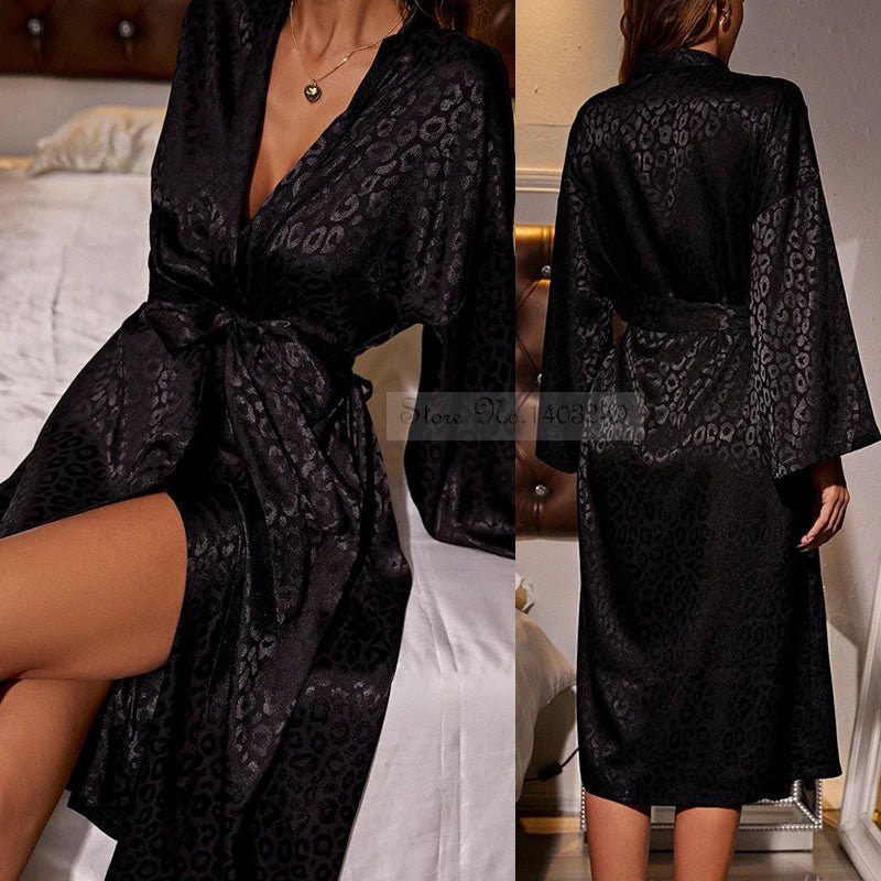 Leopard Print Satin Kimono Bathrobe Gown