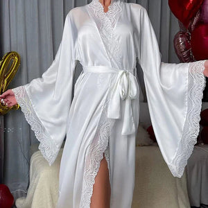 Satin Lace Bathrobe Sleepwear Lingerie White - Foxy Beauty