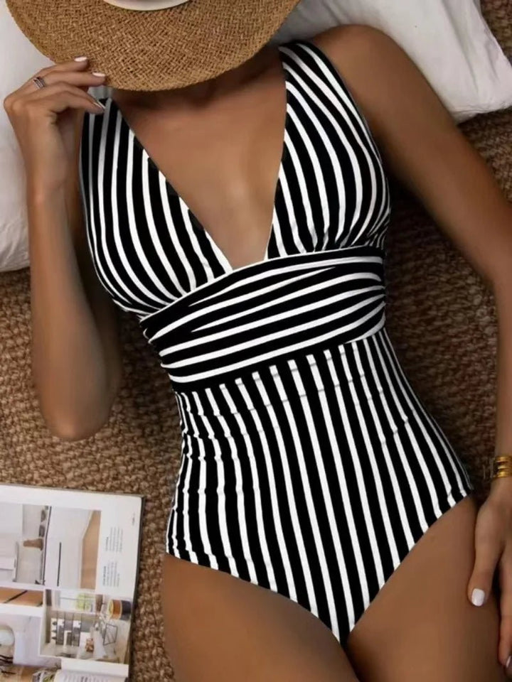 Vintage Striped V-Neck Swimsuit for Women