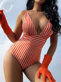 Vintage Striped V-Neck Swimsuit for Women