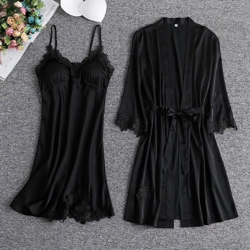 Black Lace Wedding Kimono Robe Set