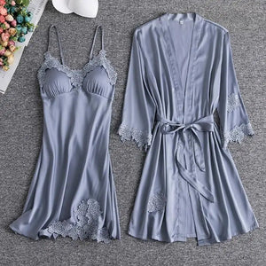 Lace Wedding Kimono Robe Set Grey