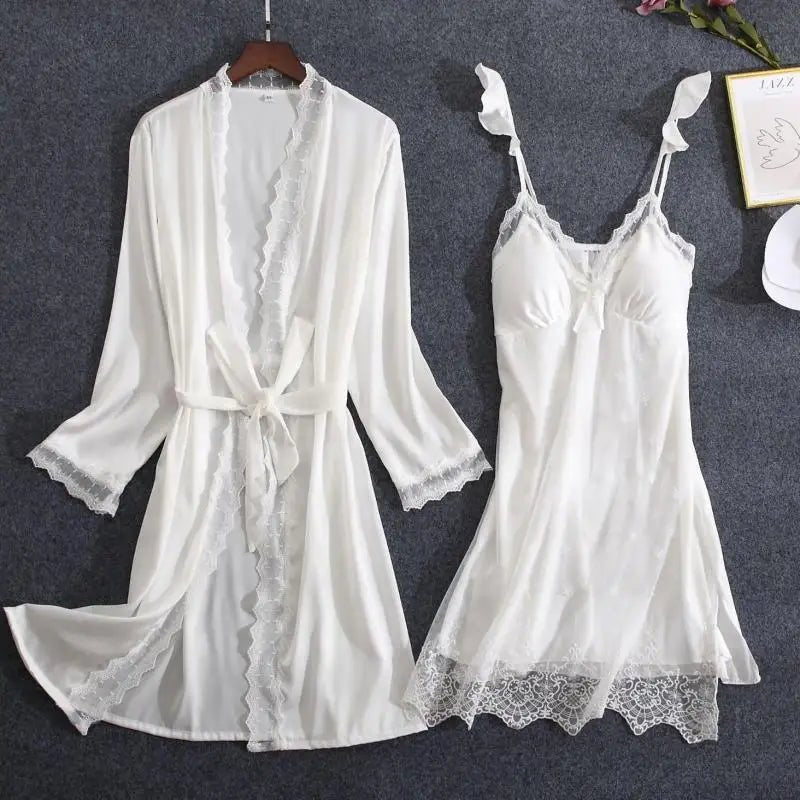 White Lace Wedding Kimono Robe Set